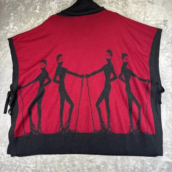 Krimson Klover Poncho Womens S/M Red Black Wool Cowl Neck Skier Graphic (1429) - Picture 7 of 11